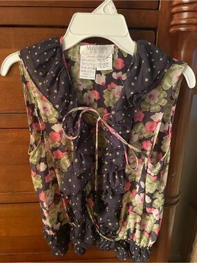 MaxMara Navy Floral Ruffle Tie-Neck Sleeveless Top small